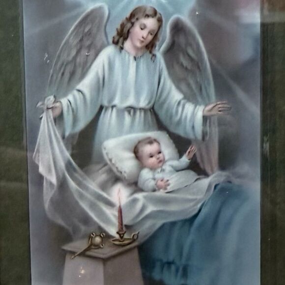 Vintage Heavenly Guardian Angel & Child Miniature Framed Prayer Card Wood Frame - Picture 2 of 6